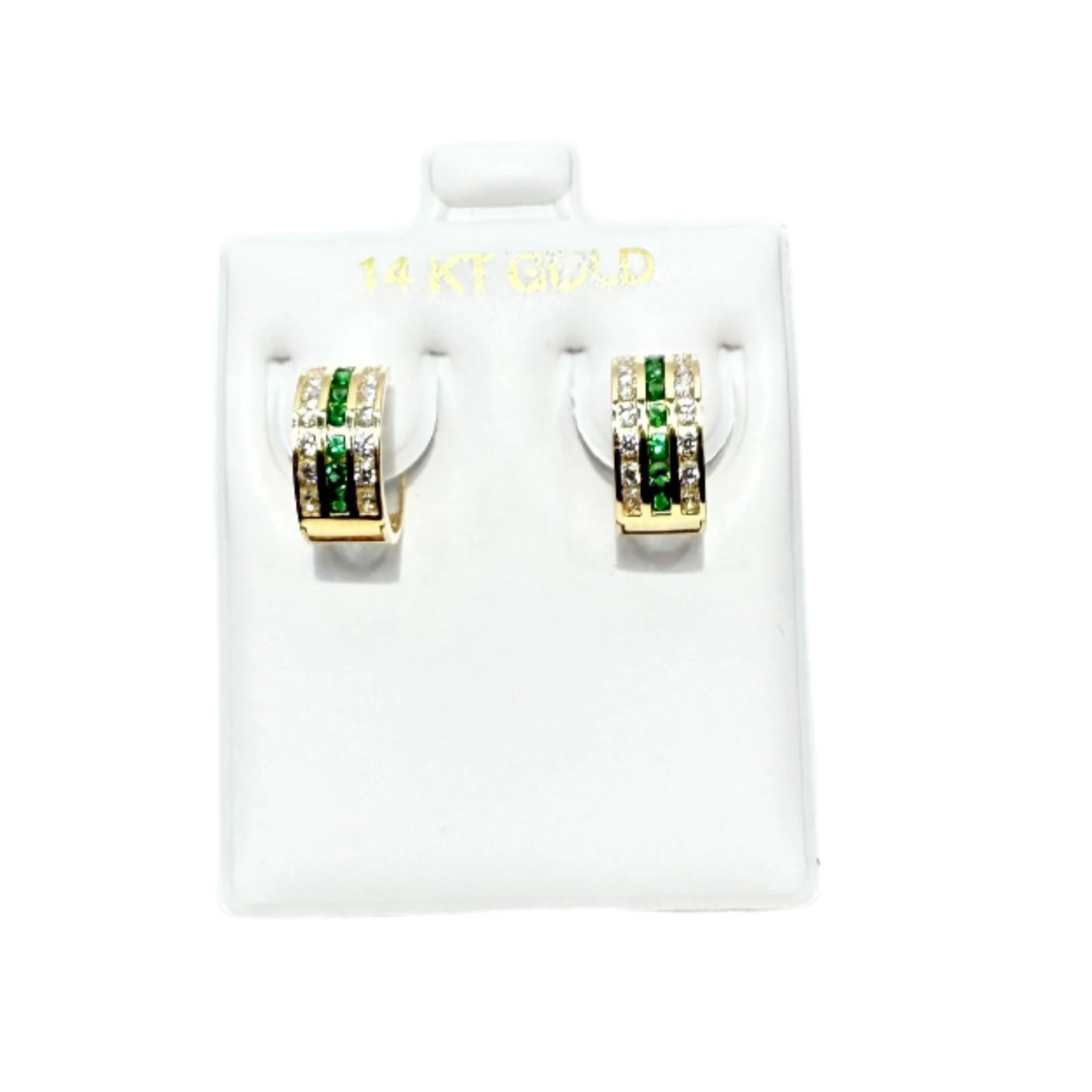 1090-NEW 14K Triple Row Huggies Cz Green & Clear Hoop Earrings (5x10mm) W.G