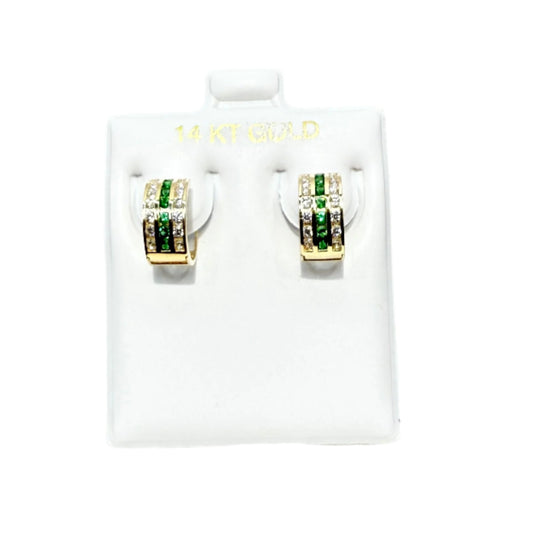 1090-NEW 14K Triple Row Huggies Cz Green & Clear Hoop Earrings (5x10mm) W.G