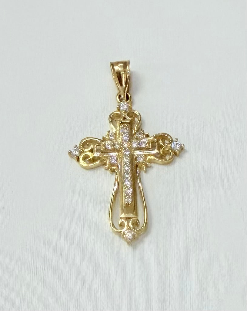 1728- NEW 10K Ornate Cross Cz Pendant W.G