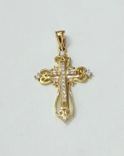 1728- NEW 10K Ornate Cross Cz Pendant W.G