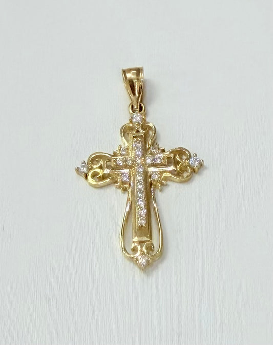 1728- NEW 10K Ornate Cross Cz Pendant W.G