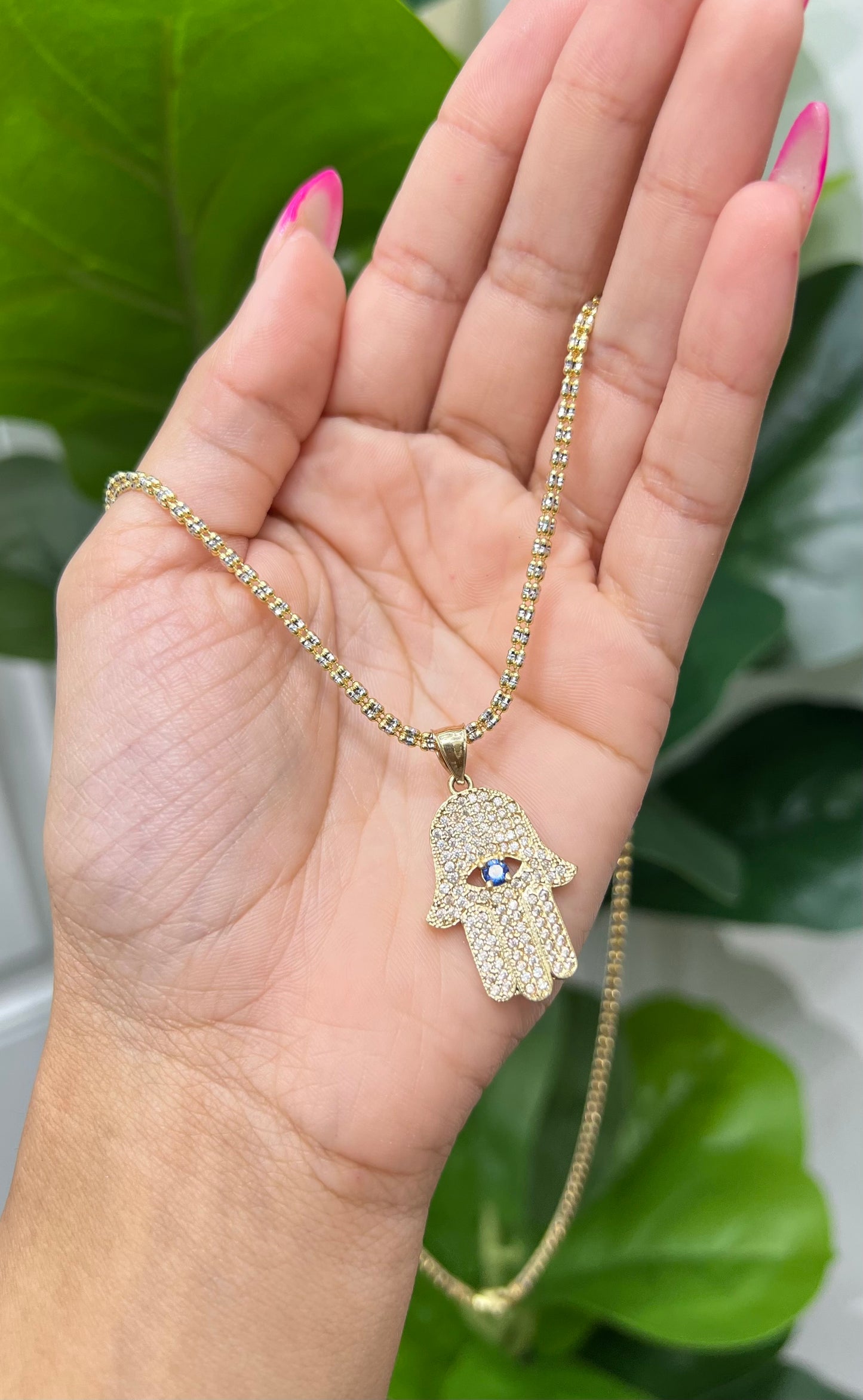 C13- NEW Ice Chain and Hamsa Hand Pendant Set W.G.