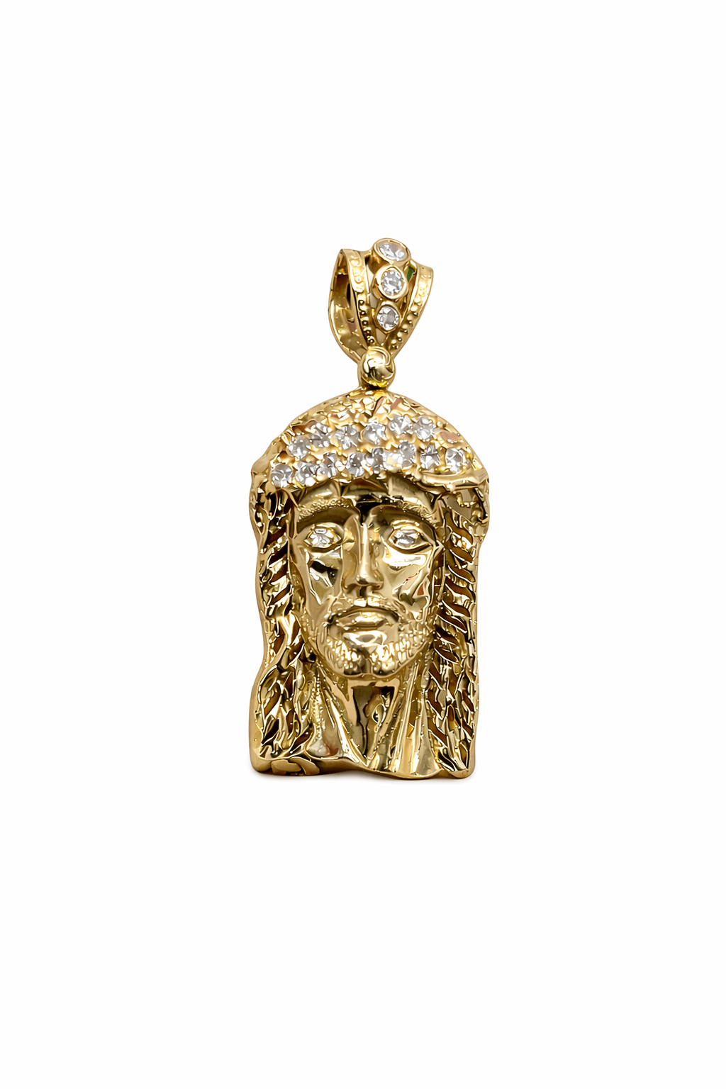 1002- NEW 14K Jesus Face Cz Pendant W.G
