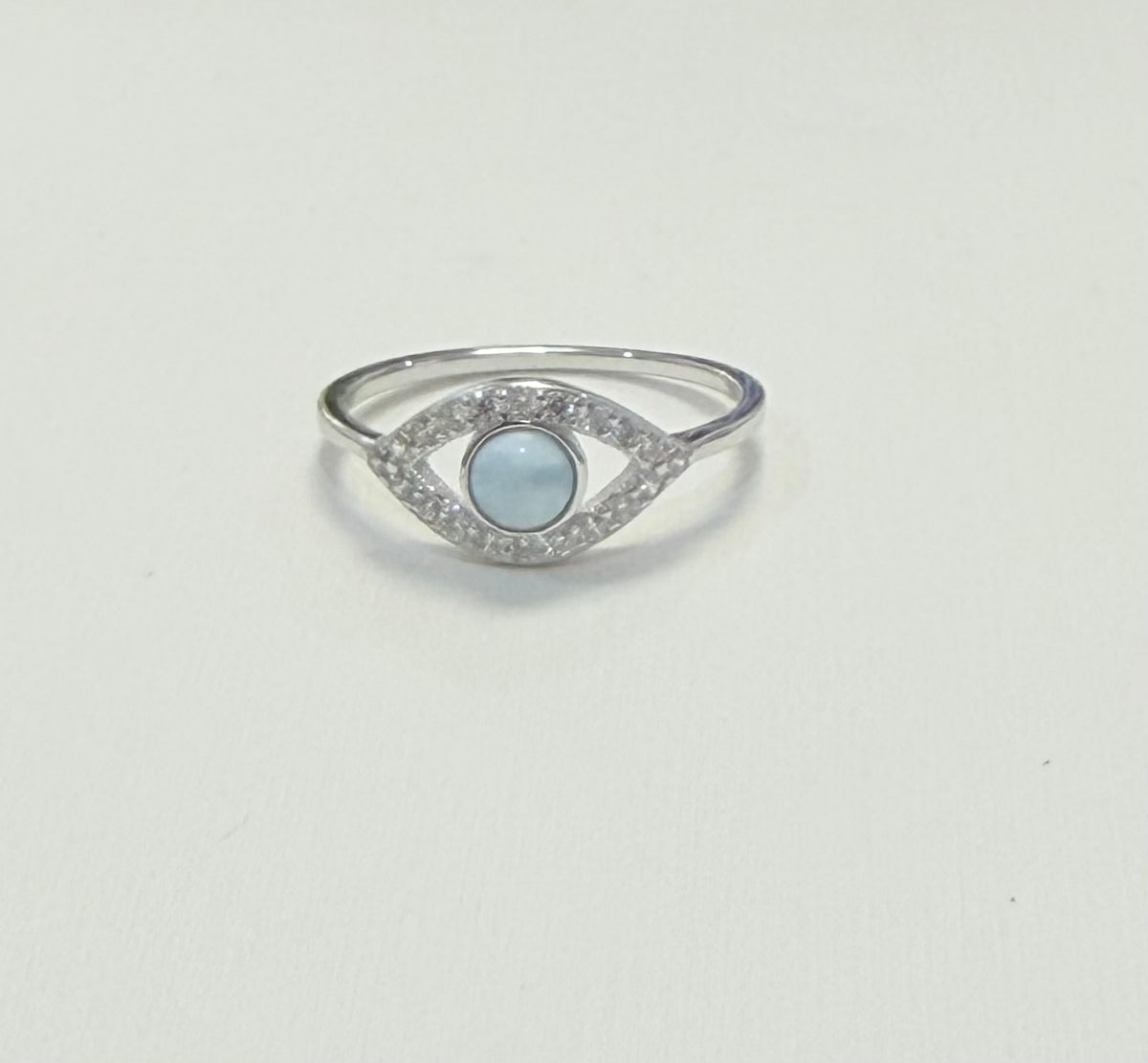 S885- NEW .925 Larimar Evil Eye Ring (W.G)