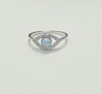 S885- NEW .925 Larimar Evil Eye Ring (W.G)
