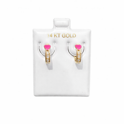 1550- NEW 14K Gold Huggies Pink Heart Hoop Earrings W.G