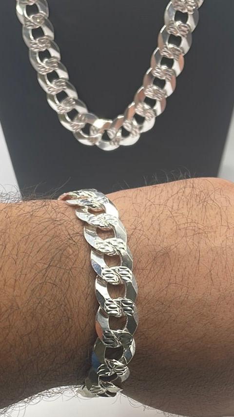 S008- Cuban Link Solid Silver Chain & Bracelet Set