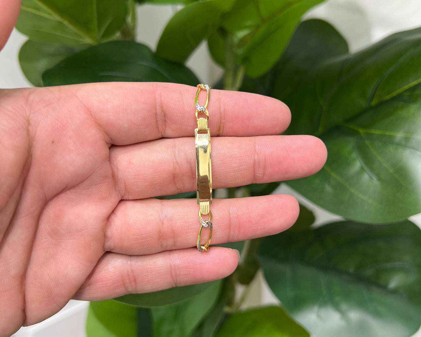 1236- 14K Solid Figaro ID Bracelet Two Tone W.G