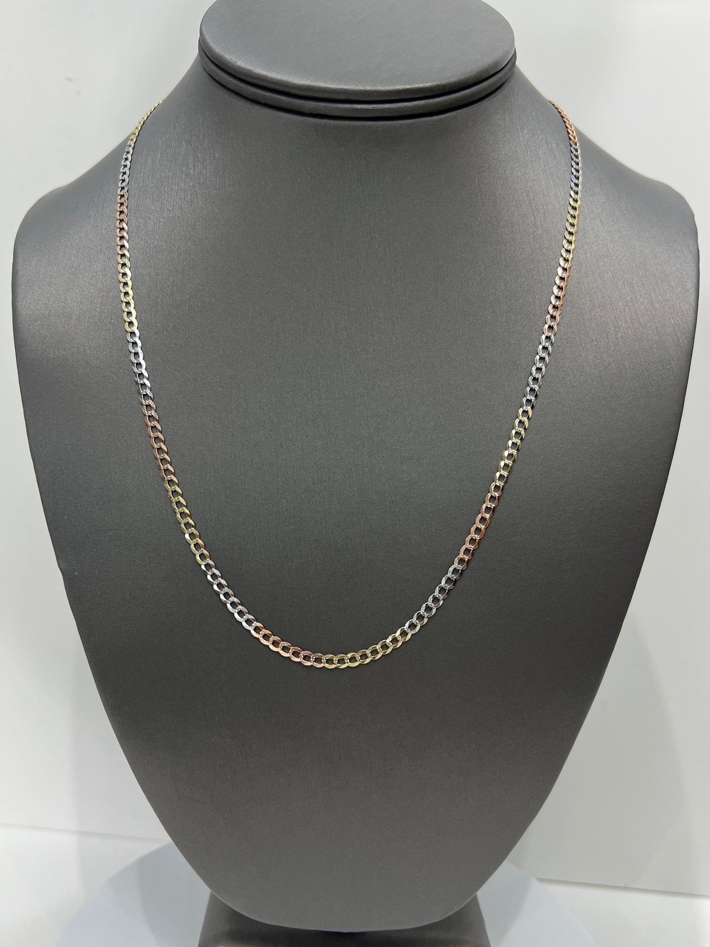 1446- NEW 14K Solid Tri Tone Cuban Curb Link Chain 20" (3.2mm) W.G