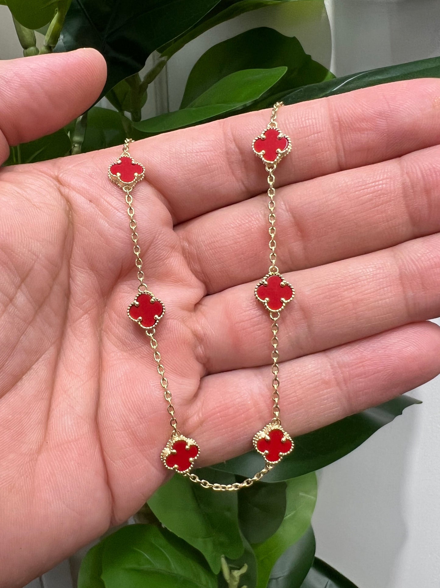 1609- NEW 14K Red Trebol Necklace 19"+1" ext (8mm) W.G