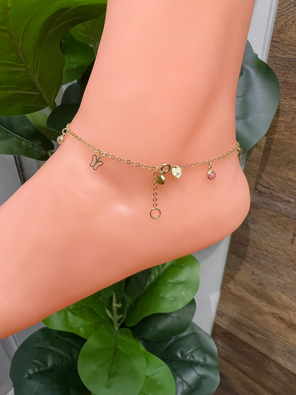 1157- NEW 14K Dangling Assorted Charms Anklet Bracelet 10” (1.8mm) W.G