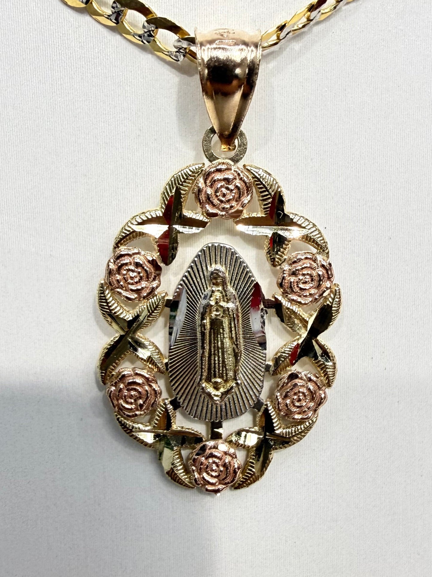1612- NEW 14K Tri-Color Gold Our Lady Of Guadalupe Floral Pendant W.G