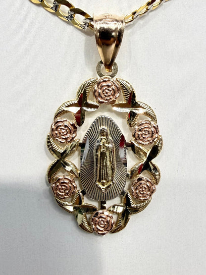 1612- NEW 14K Tri-Color Gold Our Lady Of Guadalupe Floral Pendant W.G