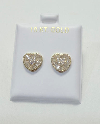 1739- NEW 10K Gold Baguette Cut Heart Stud Earrings (10mm) W.G