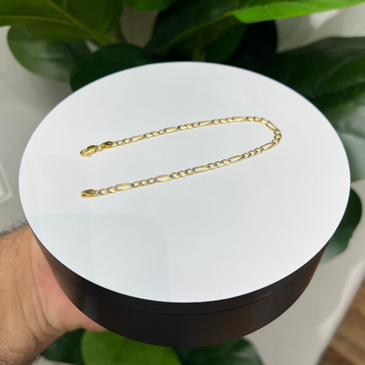 1291-NEW 14K Two Toned Solid Figaro Bracelet (3.7mm) W.G