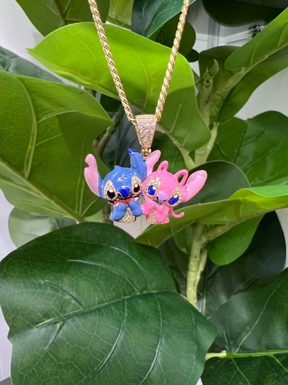1212- NEW 14K Disney Lilo Stitch & Angel Gold Pendant W.G
