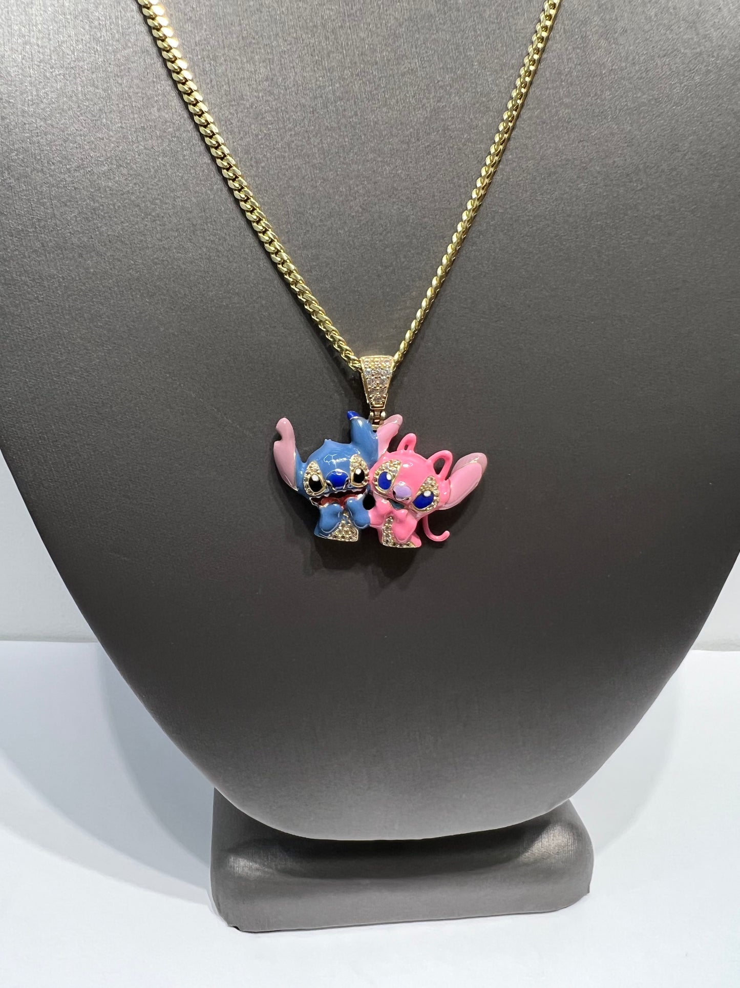 1212- NEW 14K Disney Lilo Stitch & Angel Gold Pendant W.G