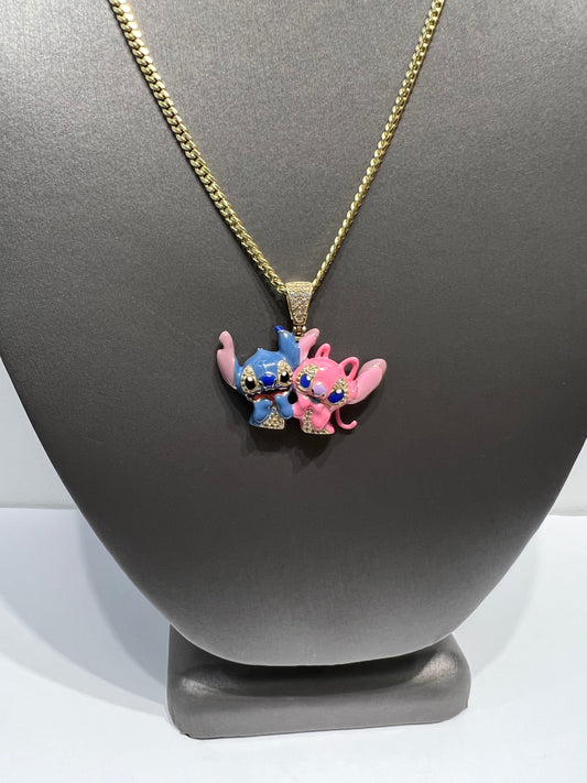 1212- NEW 14K Disney Lilo Stitch & Angel Gold Pendant W.G