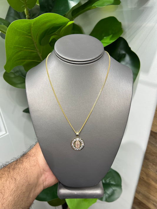 C50- 10K Solid Miami Cuban 18” & Our Lady Of Guadalupe Pendant Set