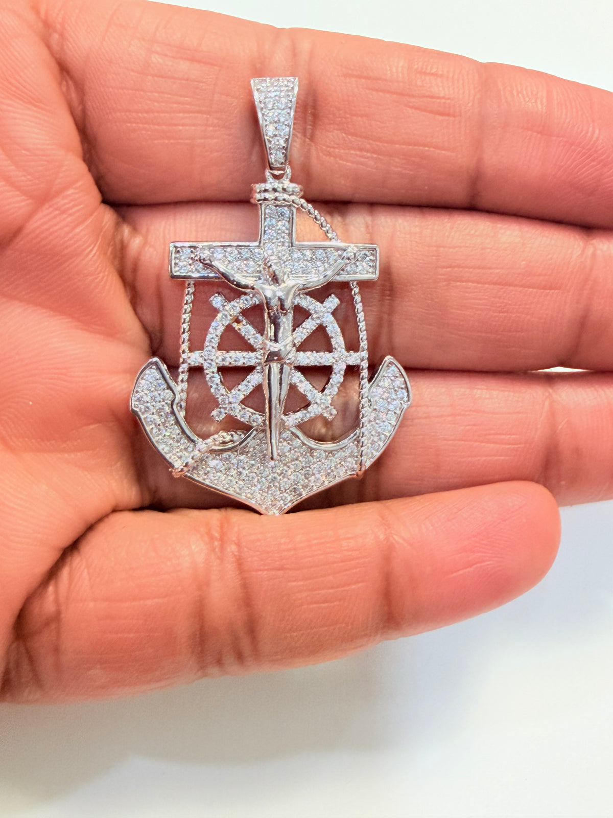 S862- NEW Sterling Silver Full Cz Anchor Pendant W.G
