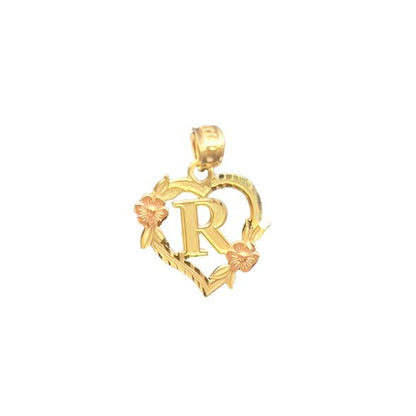 00177- Colgante en forma de corazón con la letra “R” de oro de 14 quilates