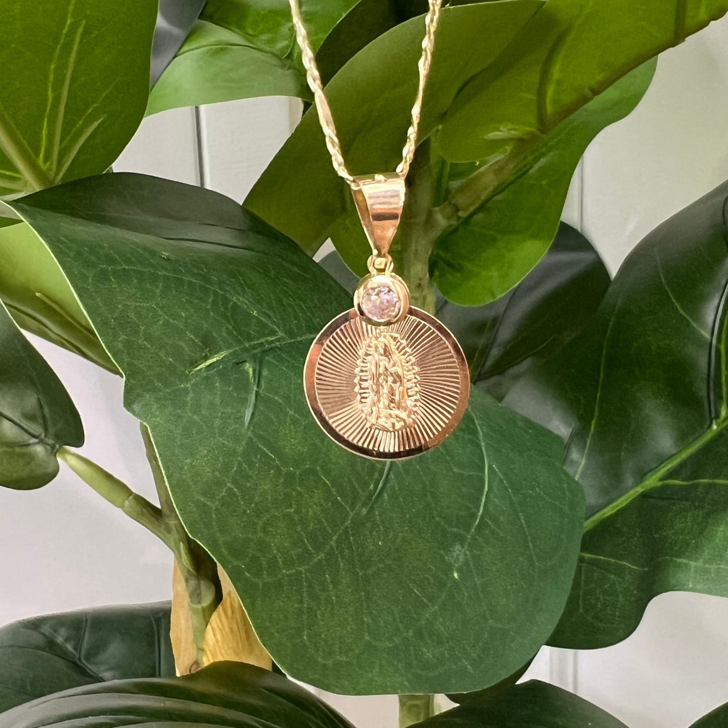 1257- NEW 14K Our Lady of Guadalupe Round Pendant W.G