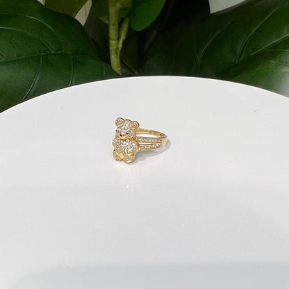 1243- NEW 14K Full Cz Body Teddy Bear Gold Ring W.G
