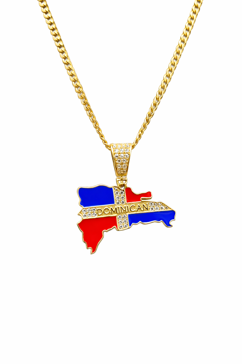 C59- NEW 14K Cuban Curb Chain 18" (2.8mm) & Dominican Republic Map/Flag Pendant Set