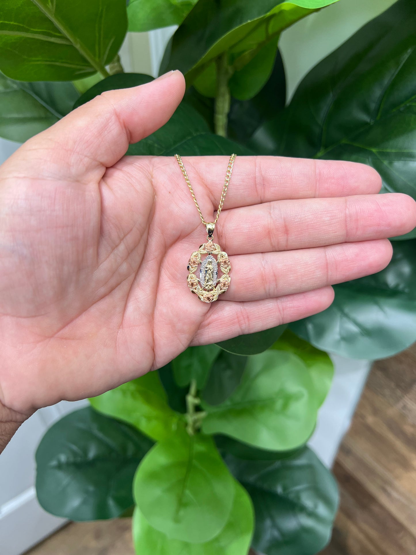 1336- NEW 14K Our Lady Of Guadalupe Rose Wreath Charm Two Tone W.G