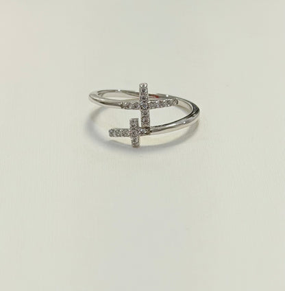 S444- NEW .925 Sterling Silver 925 Double CZ Cross Ring W.G