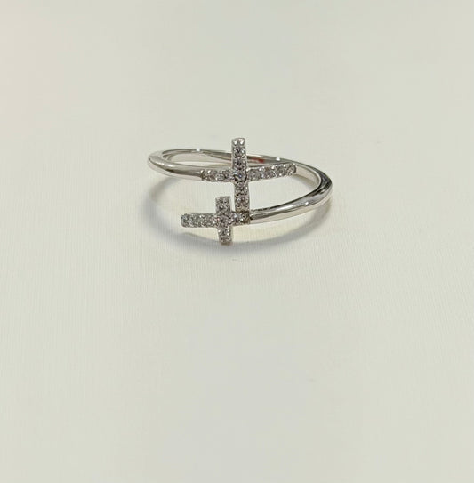 S444- NEW .925 Sterling Silver 925 Double CZ Cross Ring W.G