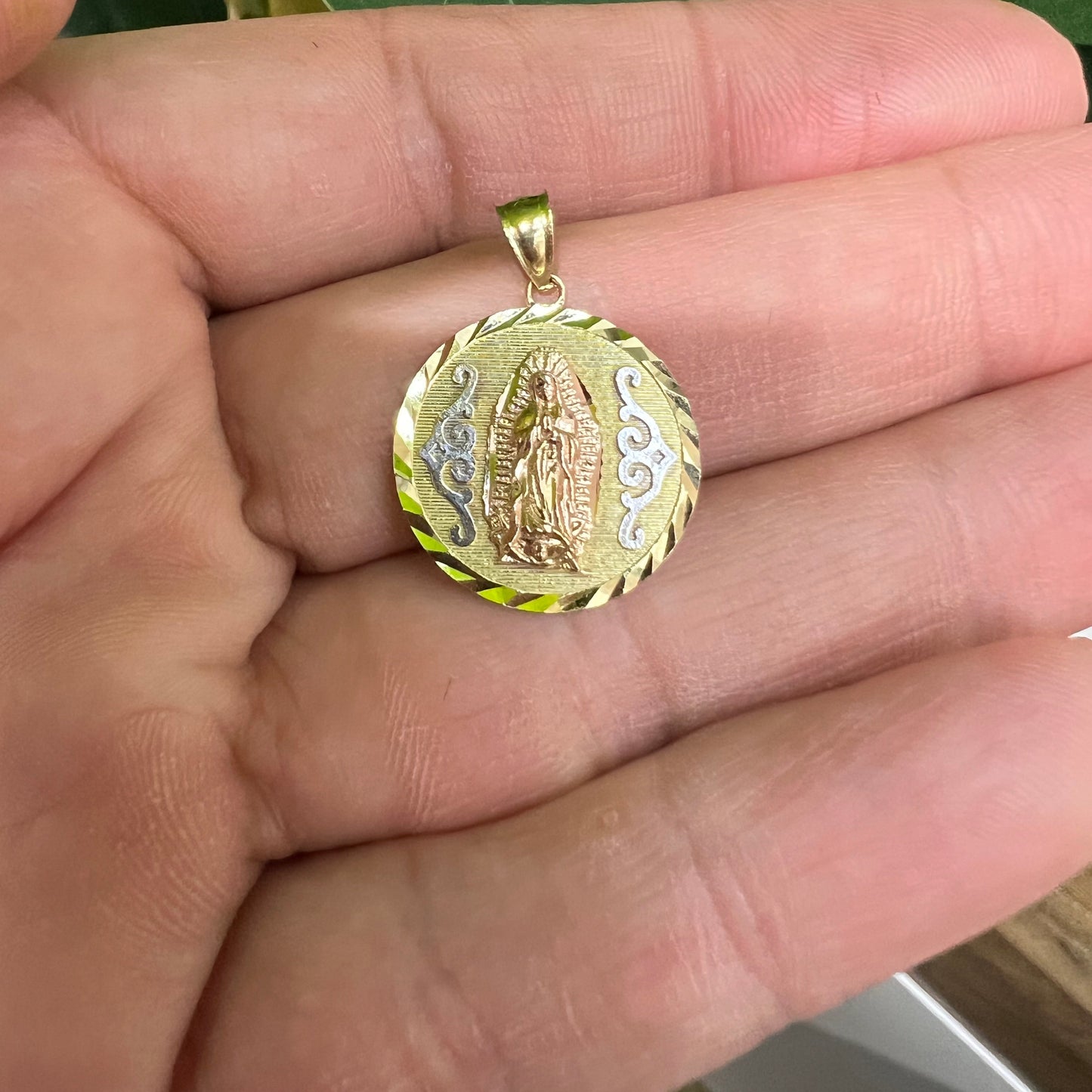 1644- NEW 10K Tri Color Virgin Mary Nuestra Senora de Guadalupe Pendant W.G