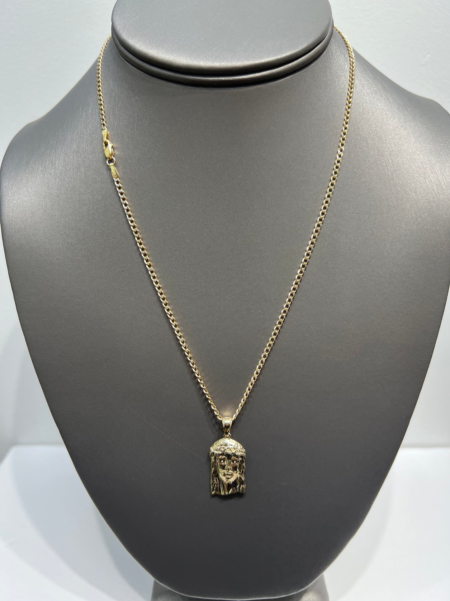 C55- NEW 10K Hollow Cuban Curb Two Tone Chain & Jesus Face Pendant SET W.G