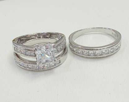 S1134- NEW .925 Sterling Silver Square Wedding Rings (3) Set W.G