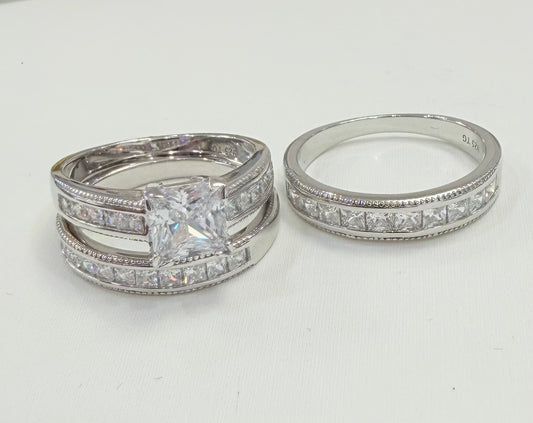 S1134- NEW .925 Sterling Silver Square Wedding Rings (3) Set W.G