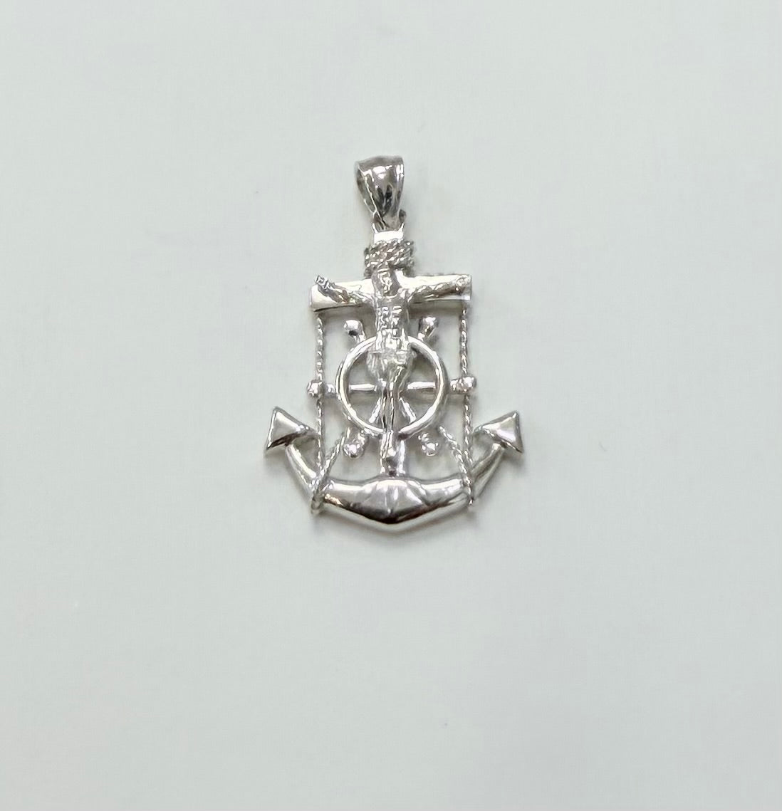 S299- NEW .925 Sterling Silver Anchor & Jesus Crucifix Pendant W.G