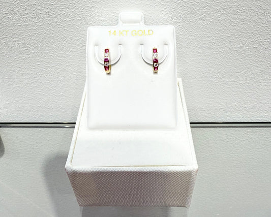 1095-NEW 14K Small Huggies Ruby & Clear Hoop Earrings (2x10mm)W.G