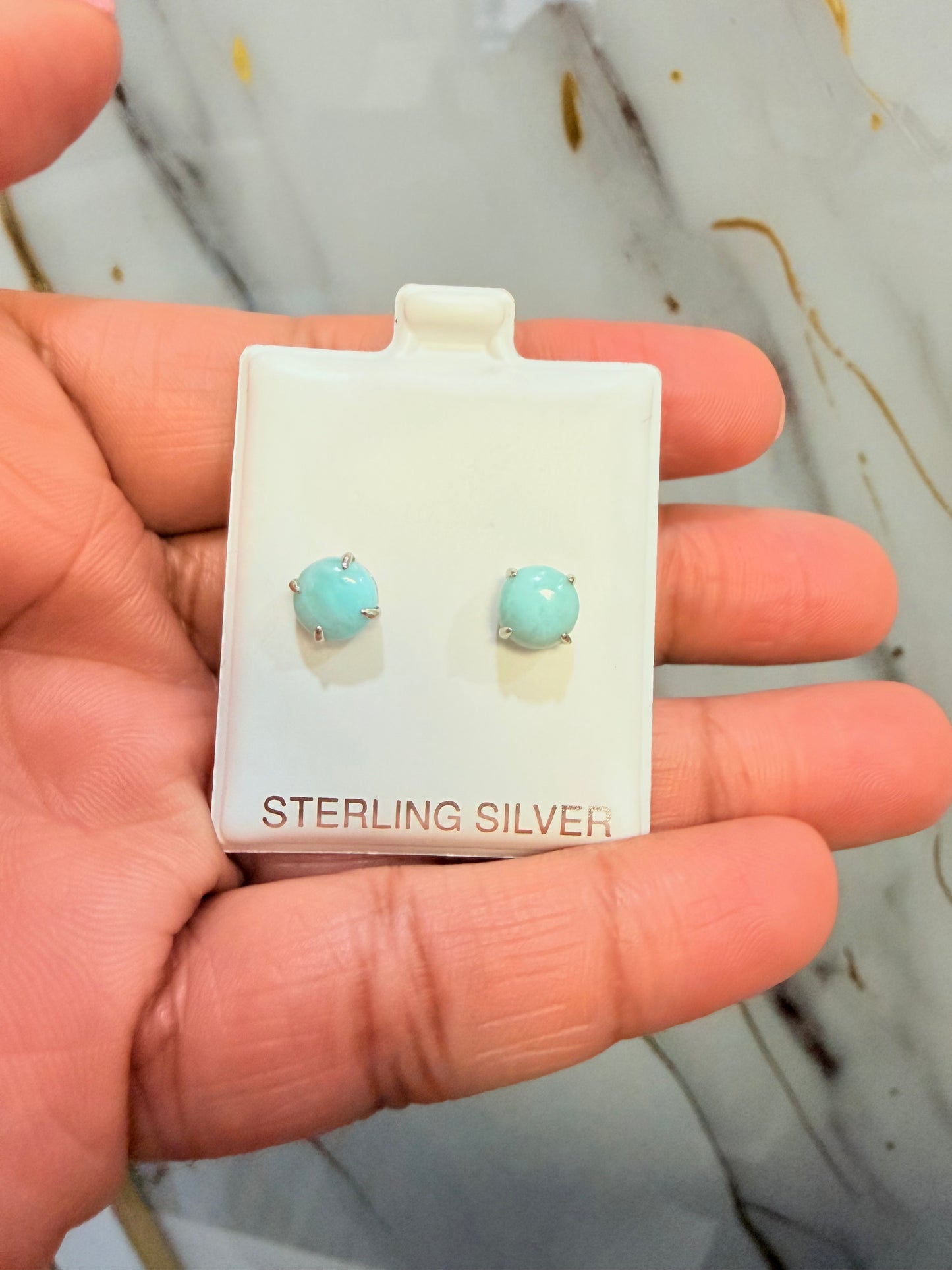 S668- .925 Sterling Silver Round Larimar Stone Stud Earrings (7mm) W.G