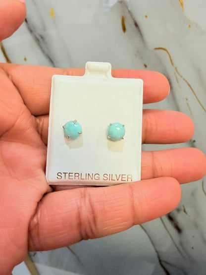 S668- .925 Sterling Silver Round Larimar Stone Stud Earrings (7mm) W.G