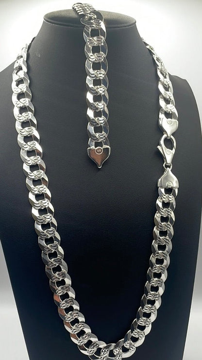 S008- Cuban Link Solid Silver Chain & Bracelet Set