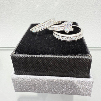 S1134- NEW .925 Sterling Silver Square Wedding Rings (3) Set W.G