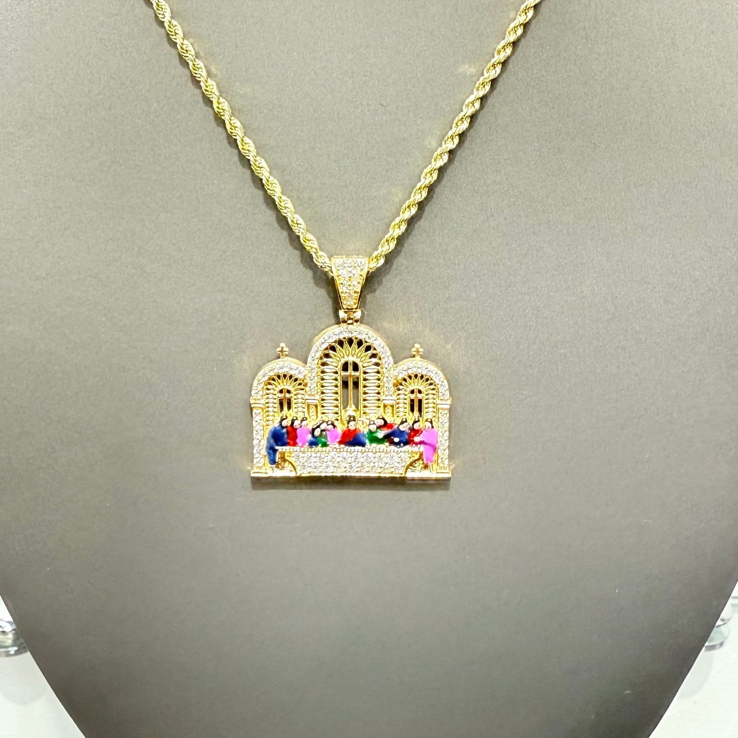 1043- NEW 14K The Last Supper Square Cz Pendant W.G