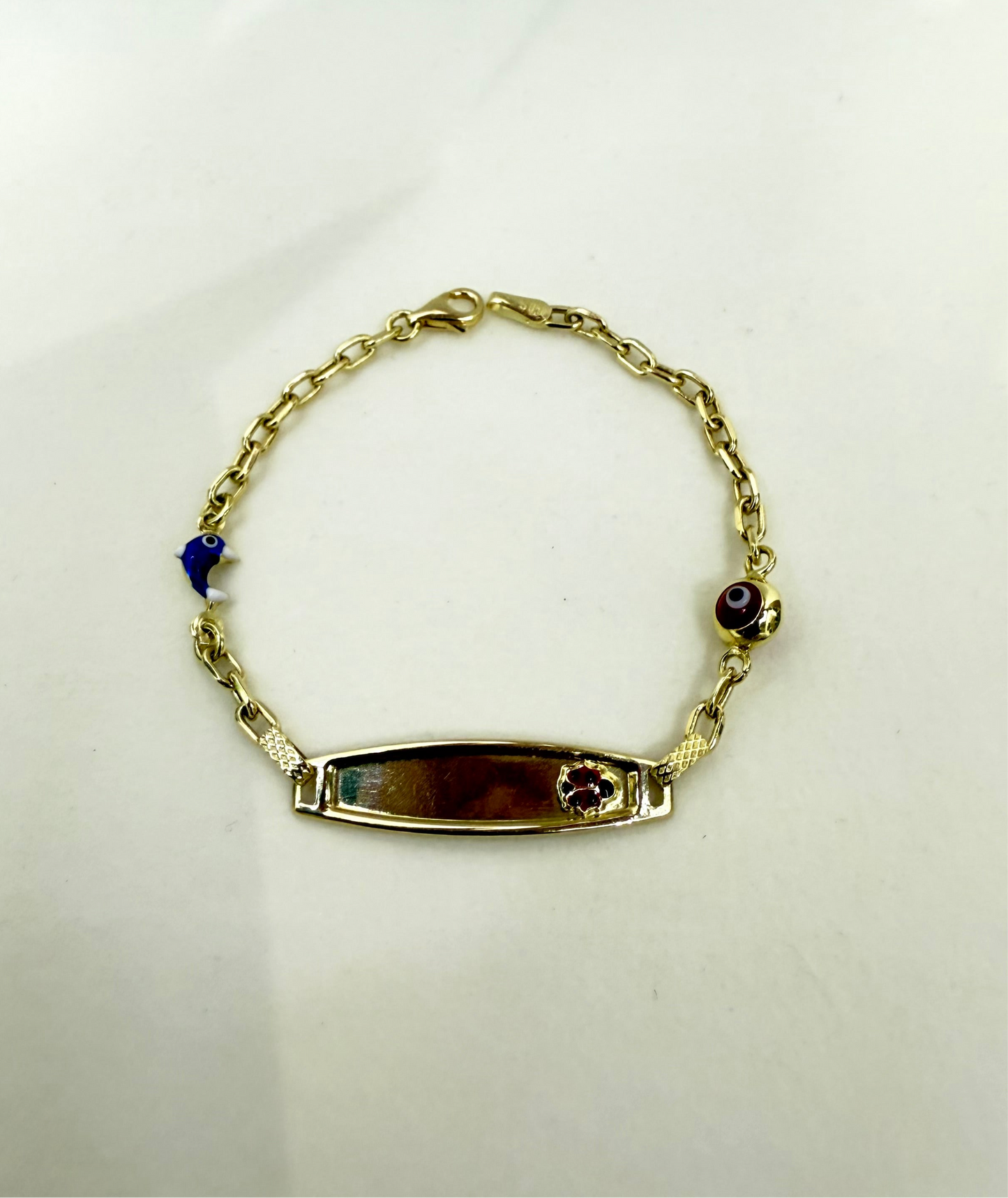 472- NEW 14K Hollow Red Evil Eye & Dolphin ID Bracelet (2.75mm) W.G