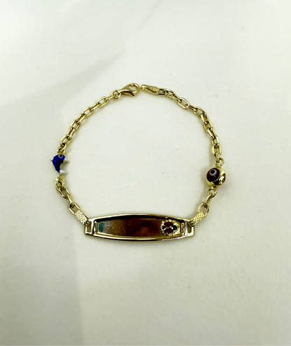 472- NEW 14K Hollow Red Evil Eye & Dolphin ID Bracelet (2.75mm) W.G