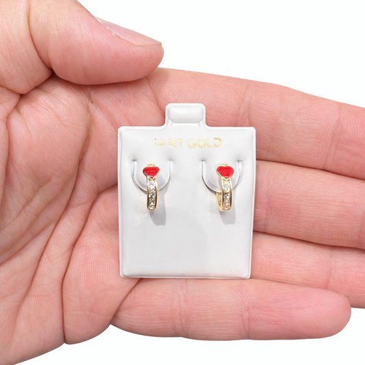 1544- NEW 14K Gold Huggies Red Heart Earrings (12.8mm) W.G