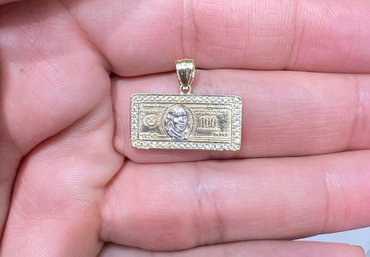 1650- NEW 10K 100 Dollar Bill Small Pendant (24x12mm) W.G