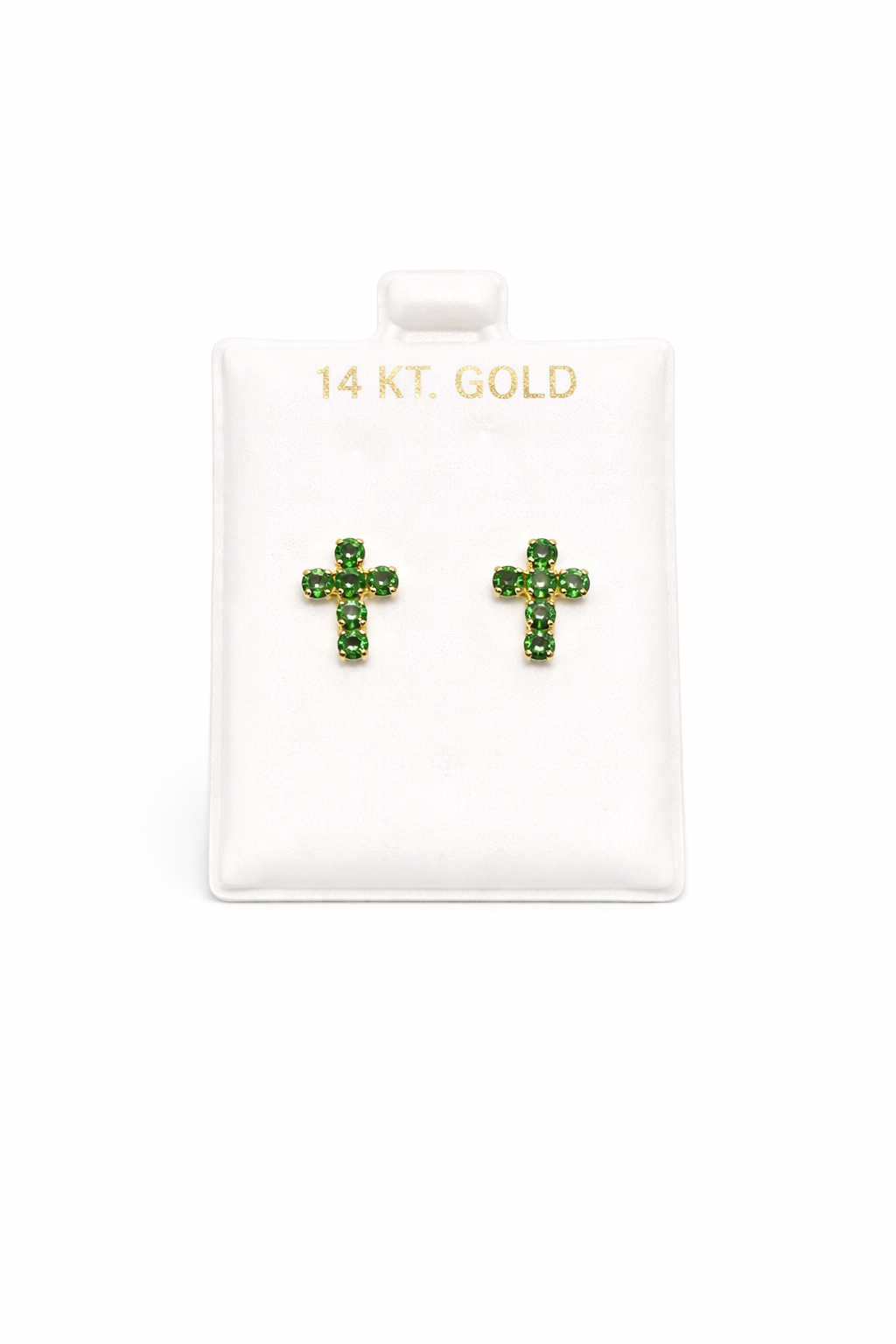 1047- NEW 14K Full Cz Green Cross Stud Earrings W.G