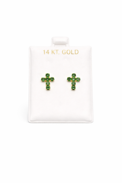 1047- NEW 14K Full Cz Green Cross Stud Earrings W.G