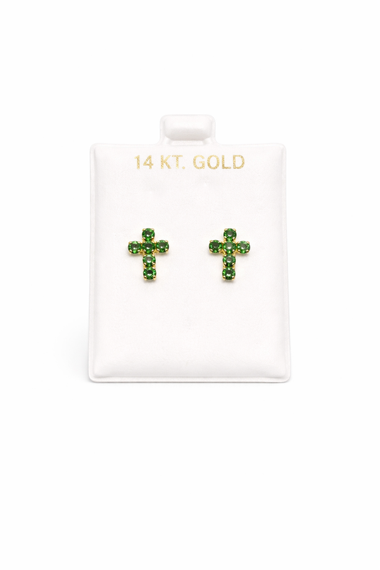 1047- NEW 14K Full Cz Green Cross Stud Earrings W.G