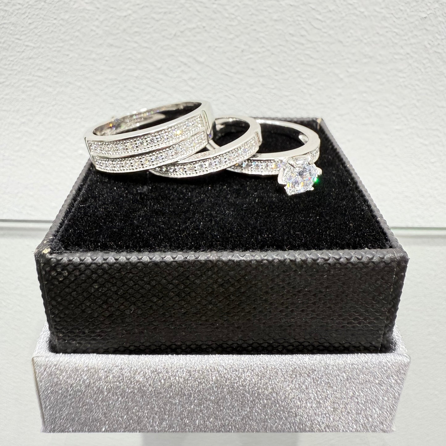 S1132- NEW .925 Sterling Silver Wedding Trio Ring Set W.G